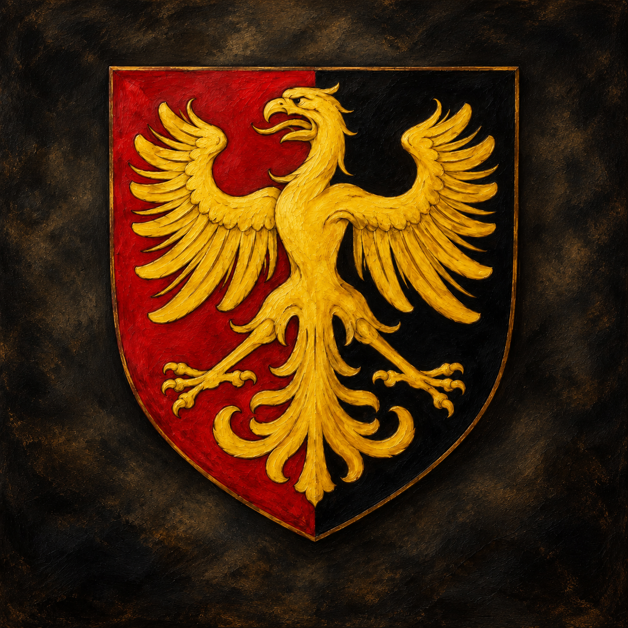 Painted coat of arms of Obernai, with a golden eagle on a red-and-black shield