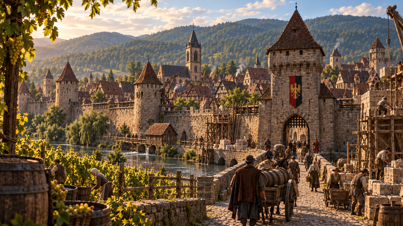 Obernai, a fortified Imperial city in Alsace with walls, gate towers, vineyards, traders and masonry works