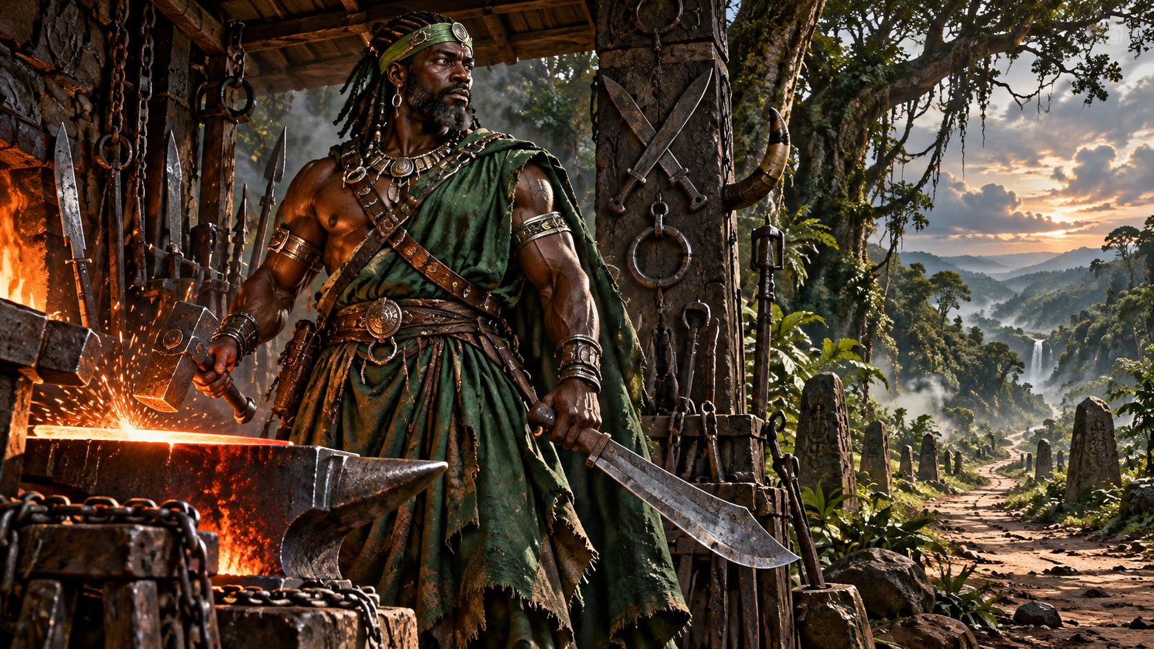 Ogun, Yoruba orisha of iron, smithing, war and roads, standing at a sacred forge