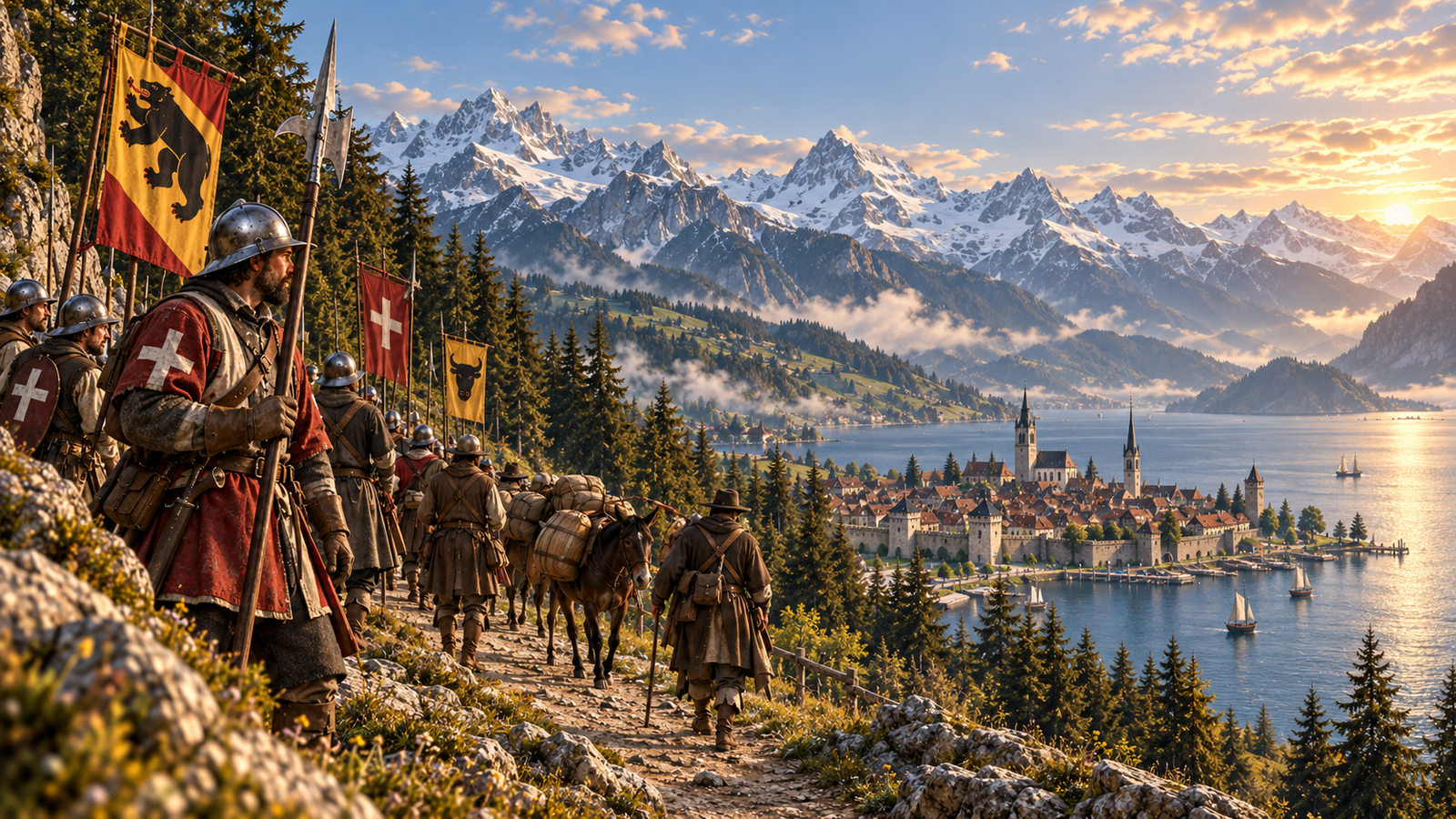 Confederate infantry, merchants and pack animals travelling an Alpine road toward a fortified lakeside town in the Swiss Confederacy