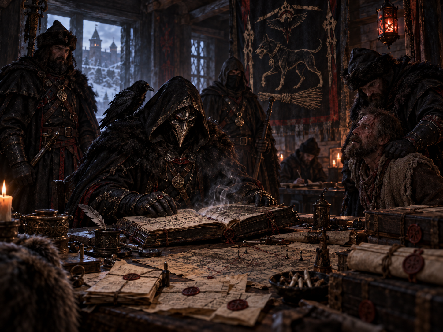 Oprichniki investigators examining the Black Ledger, coded documents and supernatural evidence