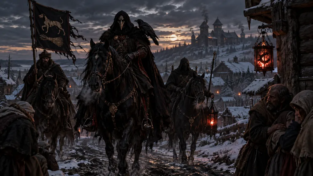 Mounted Oprichniki of the Blackhound Brotherhood entering a snowbound Rus settlement beneath black banners