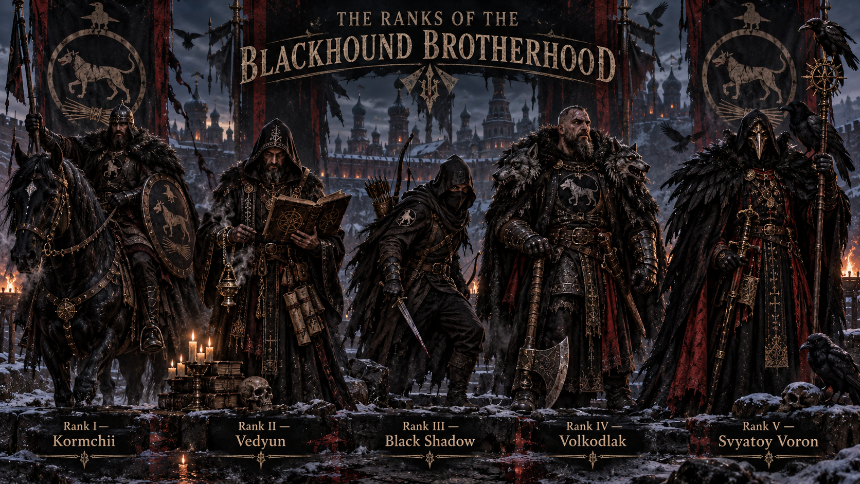 The five ranks of the Blackhound Brotherhood from Kormchii to Svyatoy Voron