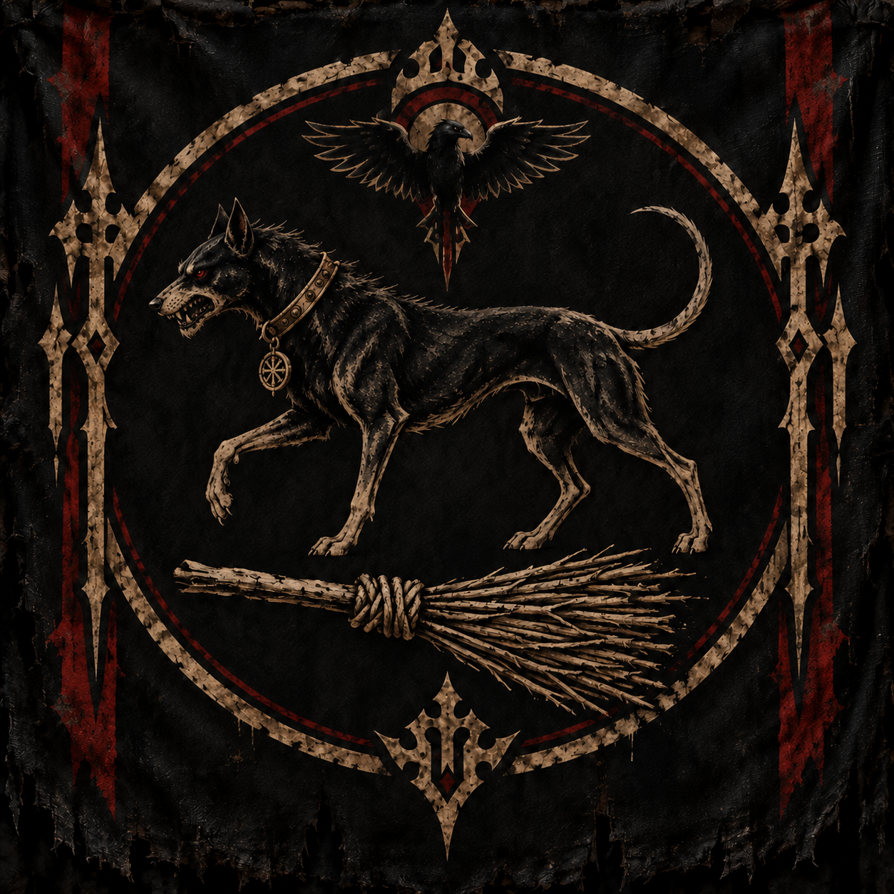 Blackhound Brotherhood symbol showing an angry black hound, broom and raven on a dark field