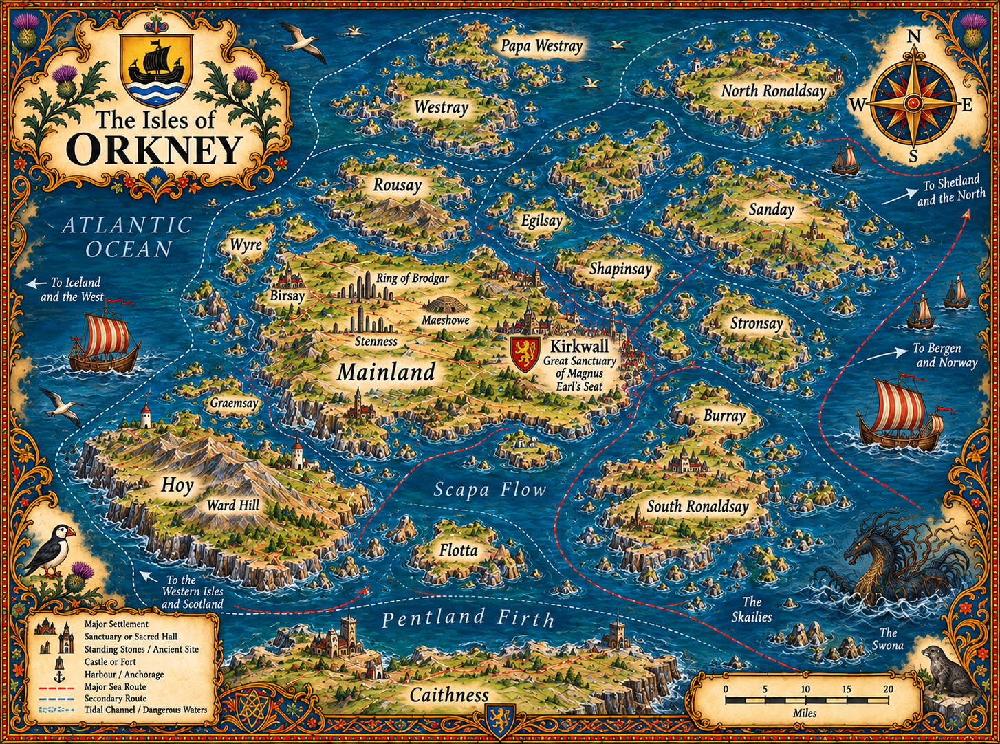 Illustrated campaign map of Orkney showing Kirkwall, the Great Sanctuary of Magnus, Scapa Flow, ancient monuments, the northern isles and North Atlantic sea routes