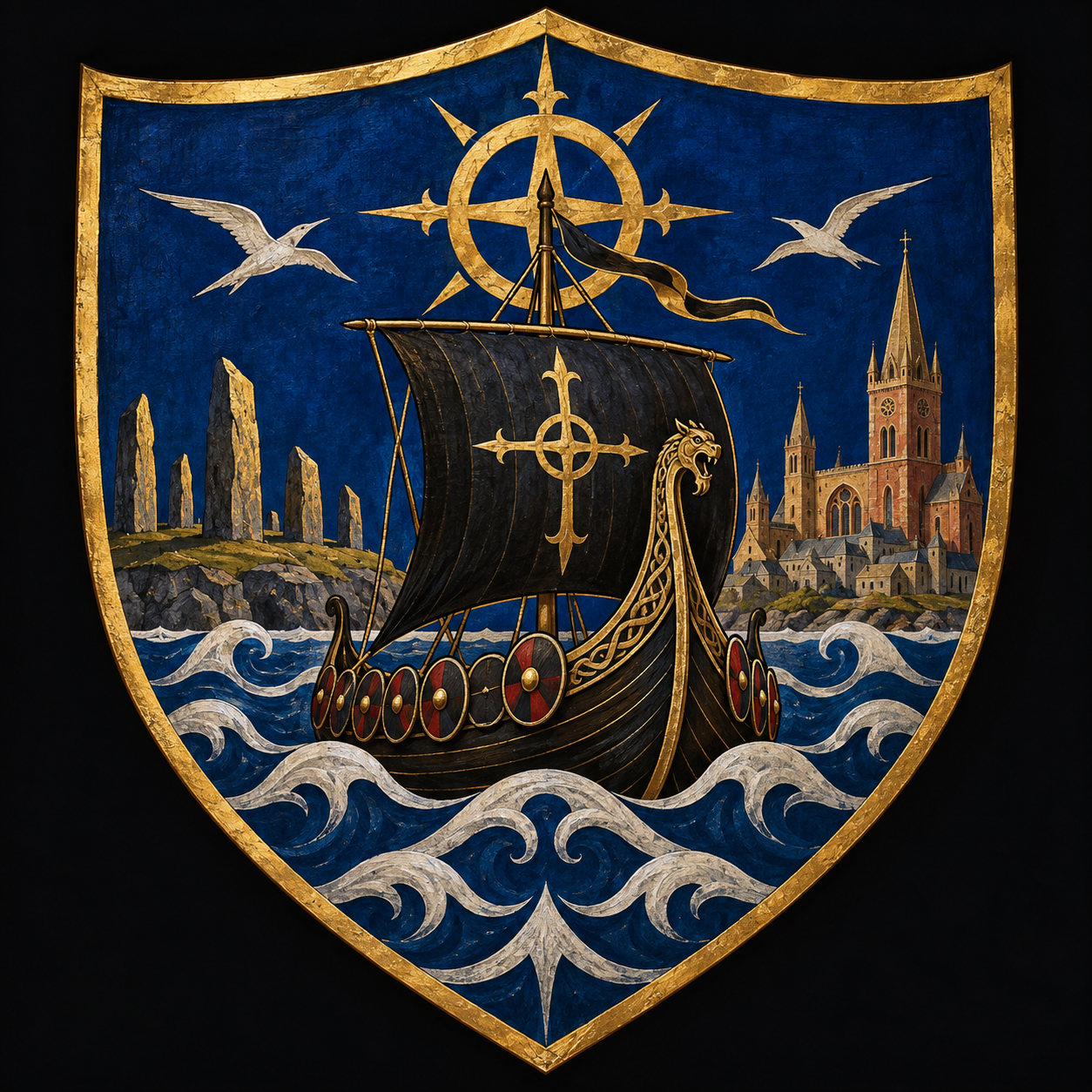 Orkney identity shield with Norse longship, standing stones, Kirkwall sanctuary and North Atlantic waves