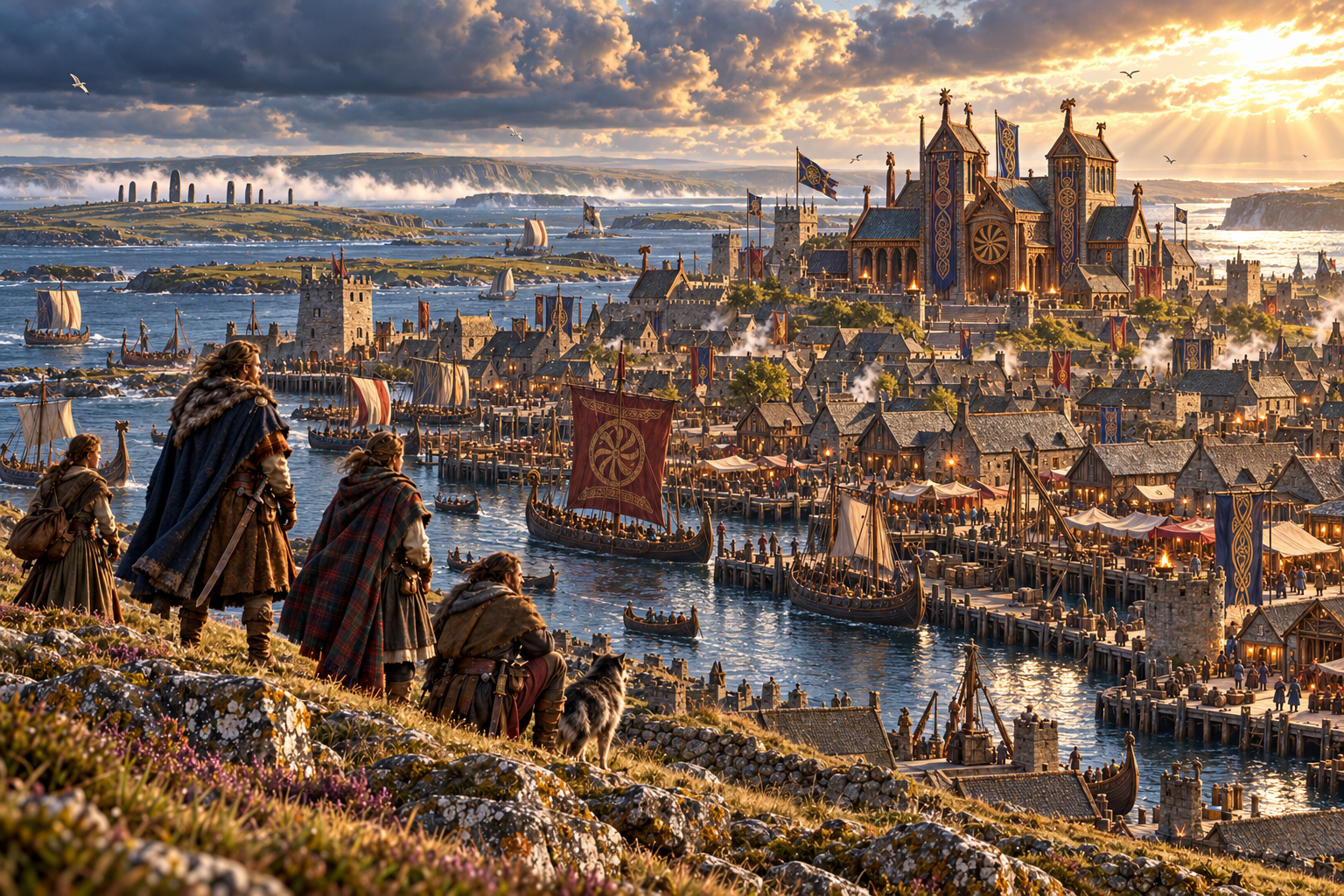 Kirkwall harbour in Orkney with Norse ships, island strongholds and a monumental non-Abrahamic sanctuary