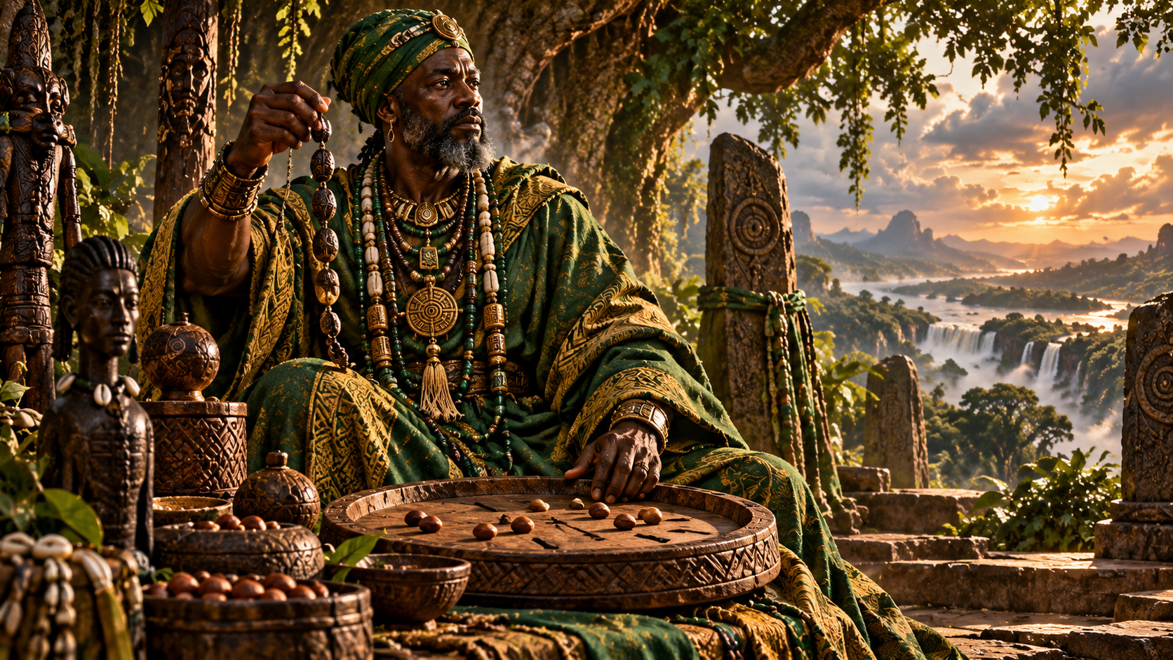 Orunmila, Yoruba orisha of wisdom, destiny and Ifa divination with divination tray and palm nuts