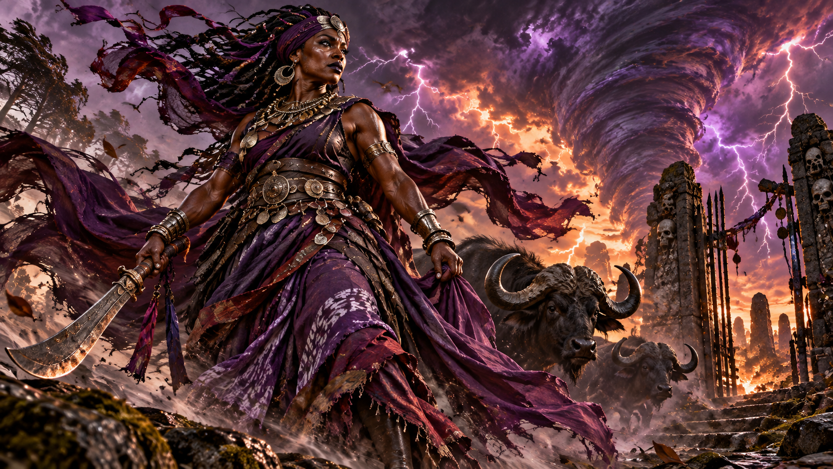 Oya, Yoruba orisha of winds, storms and transformation at a threshold beneath lightning