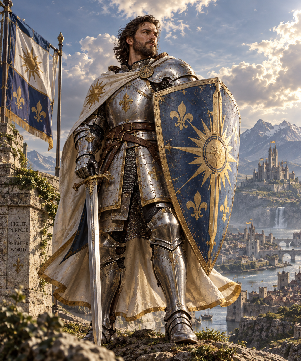 A Paladin in fifteenth-century plate armour carrying a large heraldic shield and sword above a fortified city