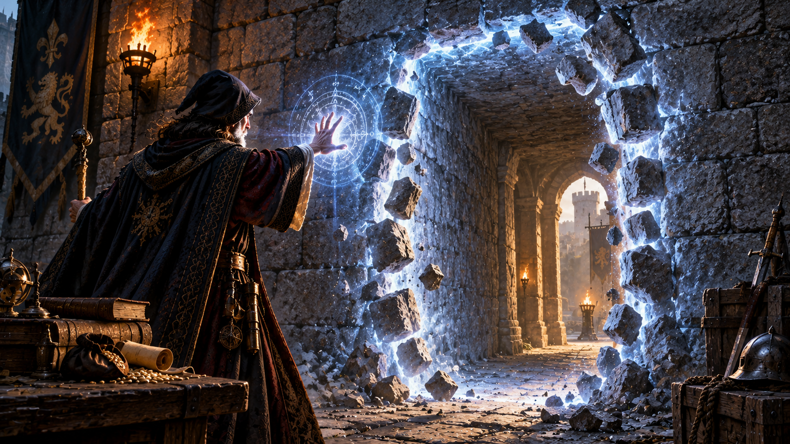 Passwall spell opening a magical passage through a stone fortress wall