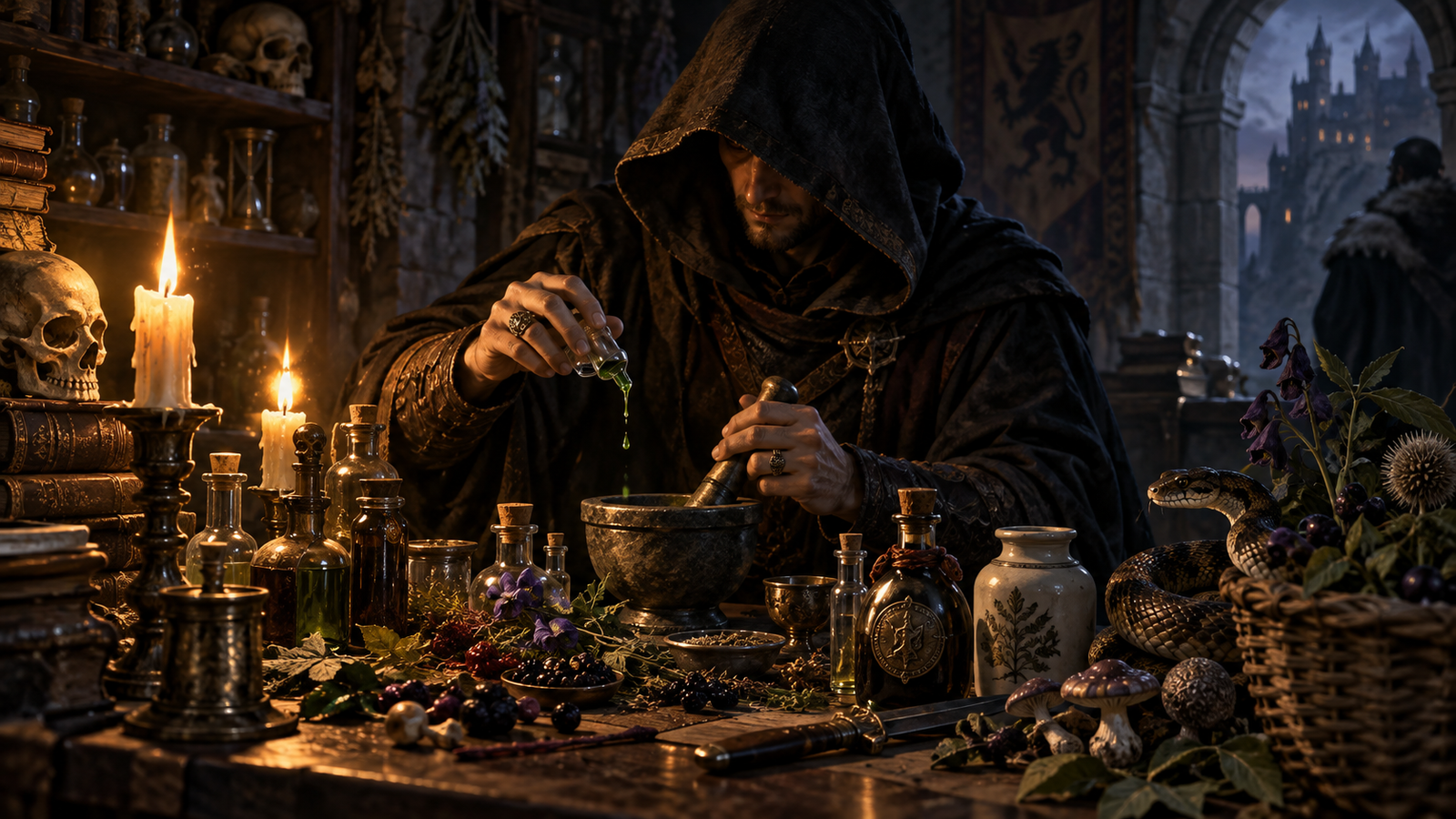 Poisons and toxins in a candlelit apothecary with poison bottles, herbs, a dagger, skull and alchemical equipment