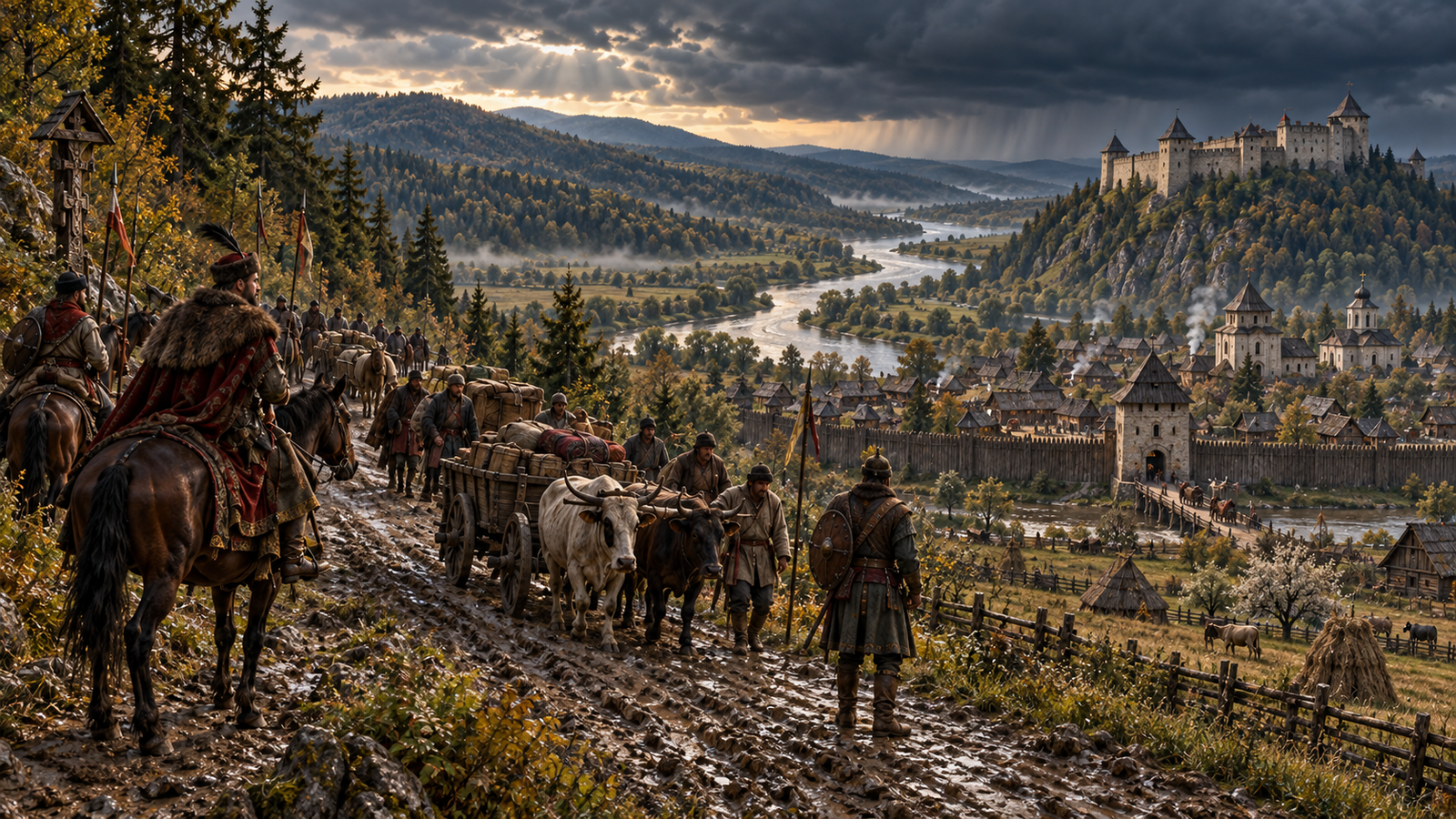 A guarded Moldavian caravan descending a muddy Carpathian road toward a fortified town and river valley beneath gathering storm clouds