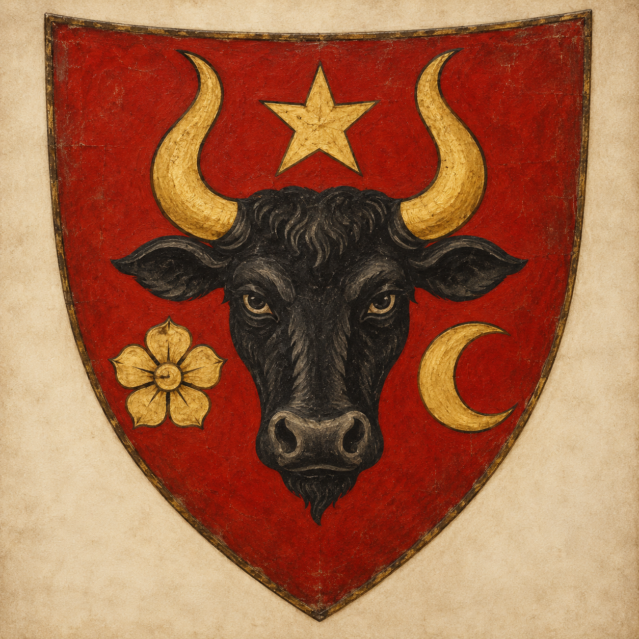 Reconstructed coat of arms of Moldavia with a black aurochs head, golden horns, star, rose and crescent on a red shield