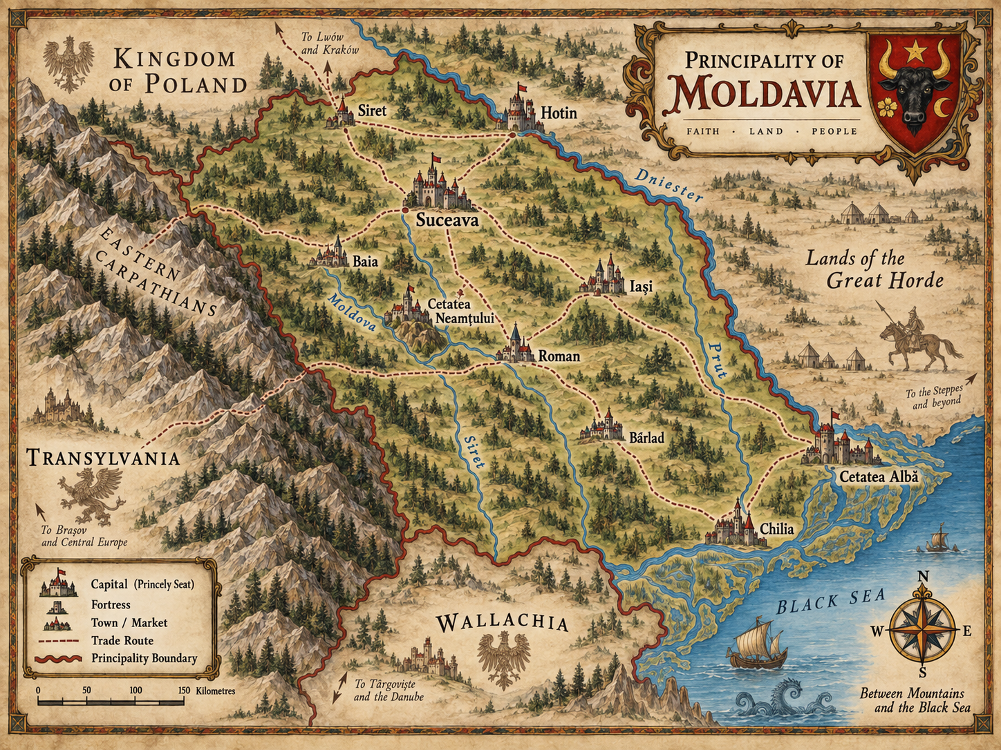 Illustrated map of the Principality of Moldavia showing Suceava, Siret, Hotin, Iași, Cetatea Neamțului, Roman, Bârlad, Cetatea Albă, Chilia, major rivers, trade routes and neighbouring lands