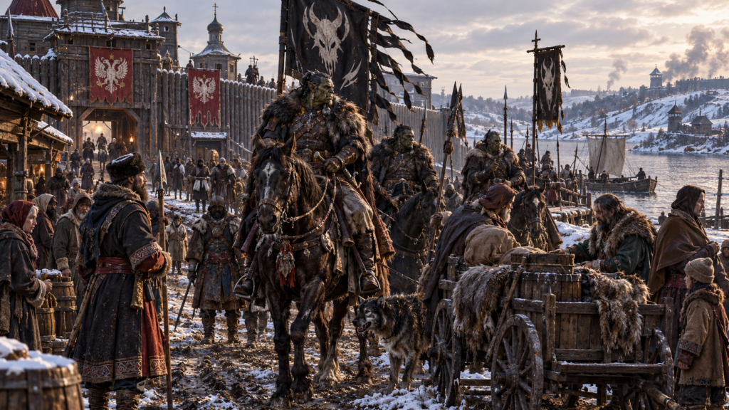 Qasimov March orc riders and Rus villagers on the Russia frontier
