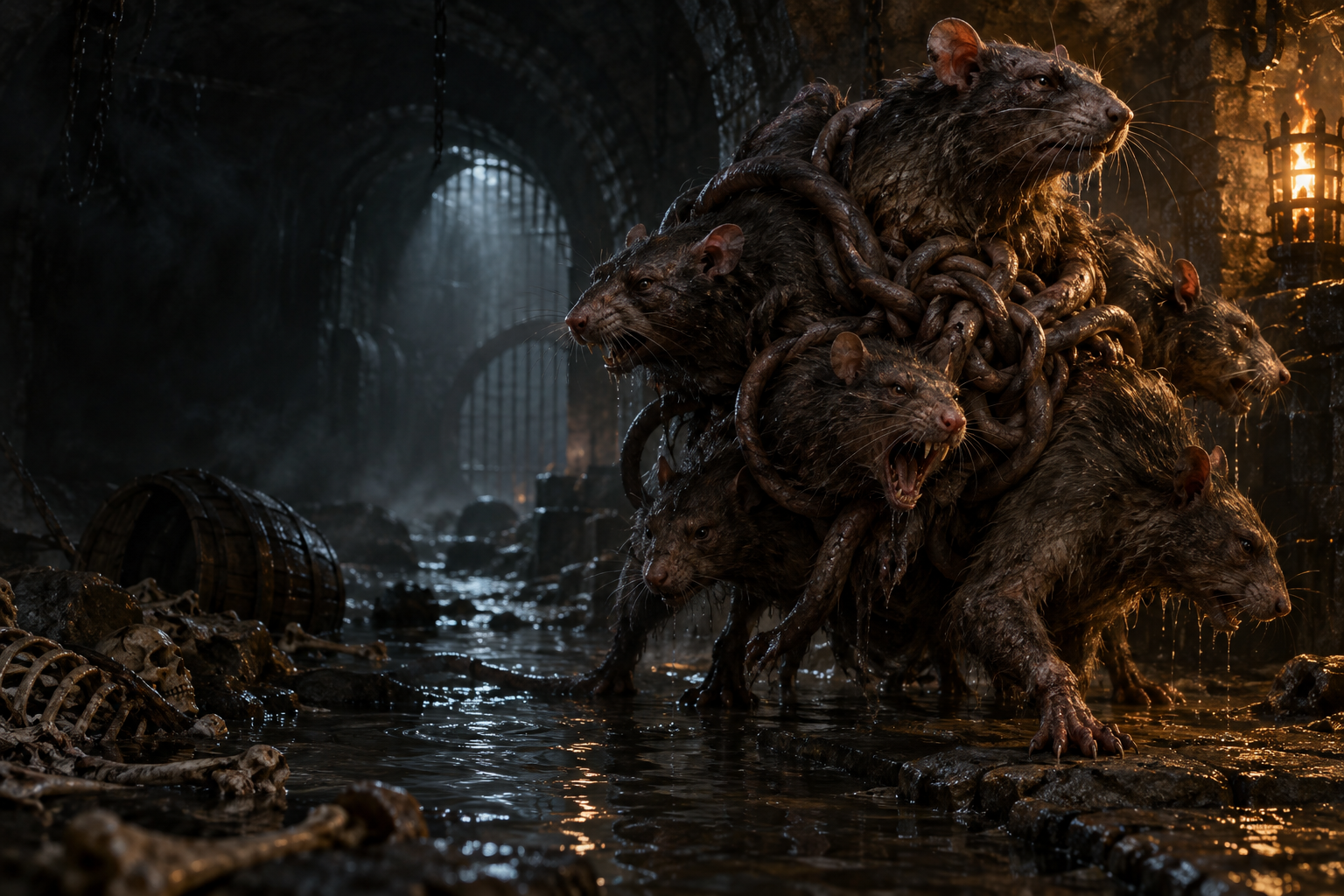 A mass of rats in a dark fantasy underground scene