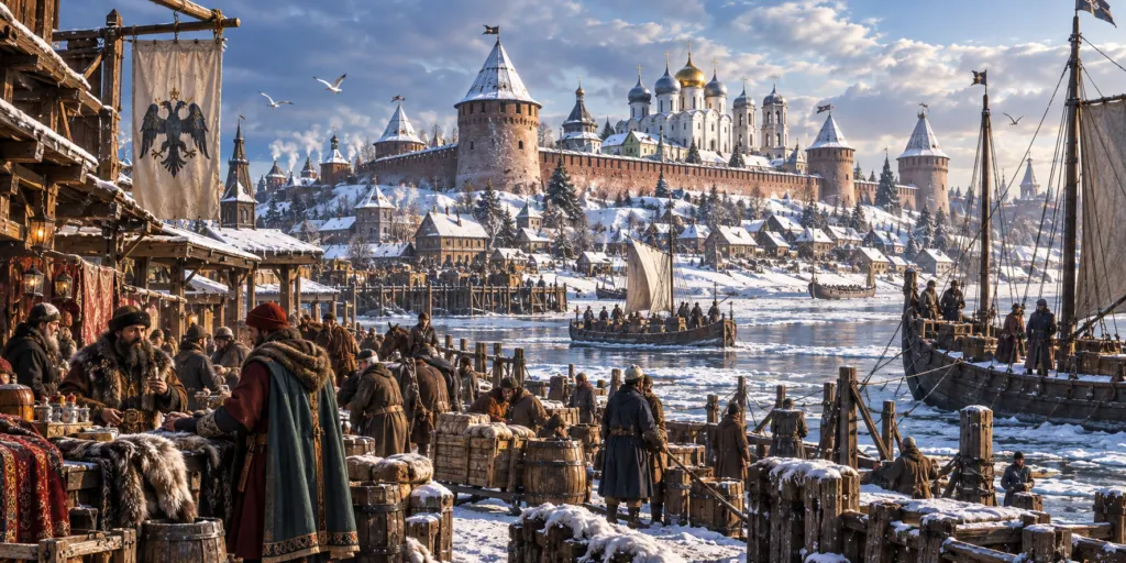 Republic of Novgorod, with the fortified city above the Volkhov, winter quays, merchants, boats and northern trade