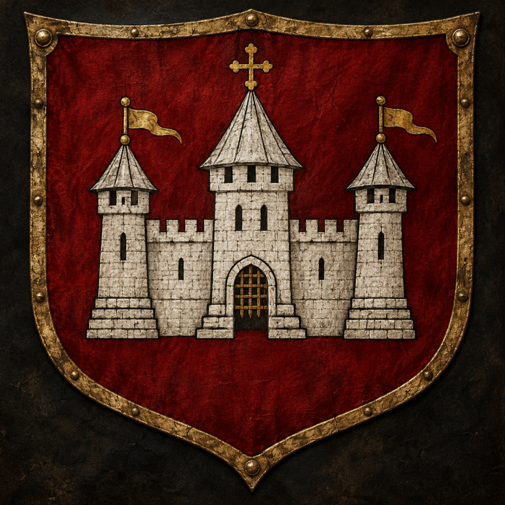 Republic of Novgorod medieval heraldic identity artwork with a white fortified castle on a deep red field