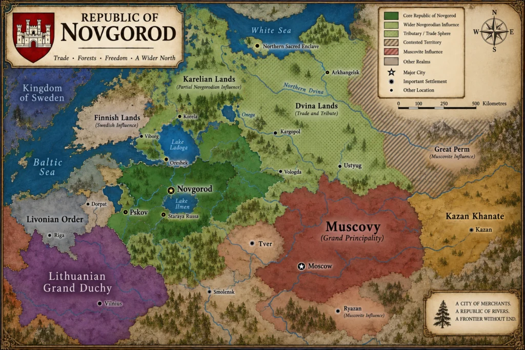 Campaign map of the Republic of Novgorod showing Novgorod, Lake Ilmen, Lake Ladoga, Korela, Oreshek, the Northern Dvina sphere, Pskov, Muscovy, Tver, Lithuania, Sweden, the Baltic, Great Perm and Kazan