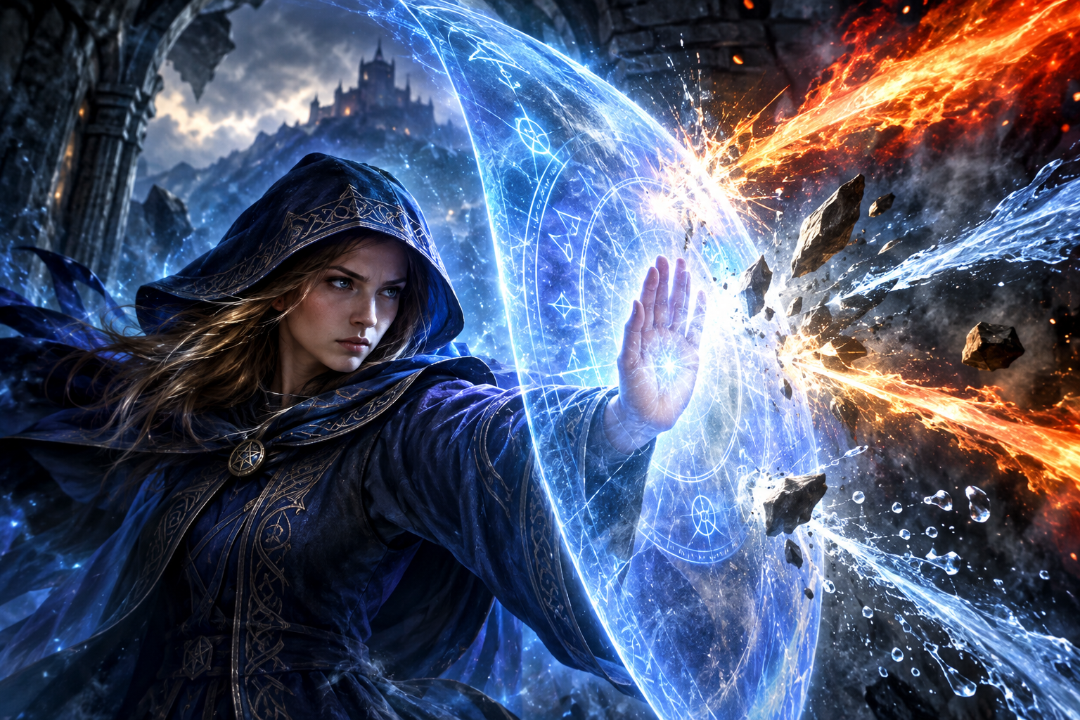 Resistance spell: a hooded abjurer raises a glowing arcane barrier against fire, ice and flying debris.