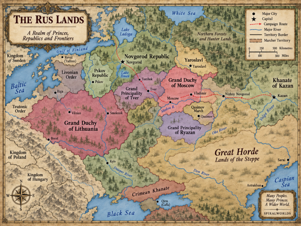 Russia campaign map showing the Rus lands, Muscovy, Novgorod, Tver, Ryazan, Kazan and the Great Horde