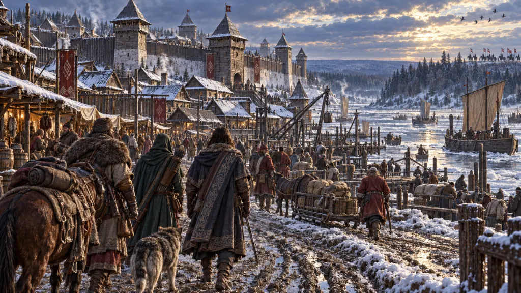 Russia RPG setting — adventurers arriving at a fortified Rus river settlement
