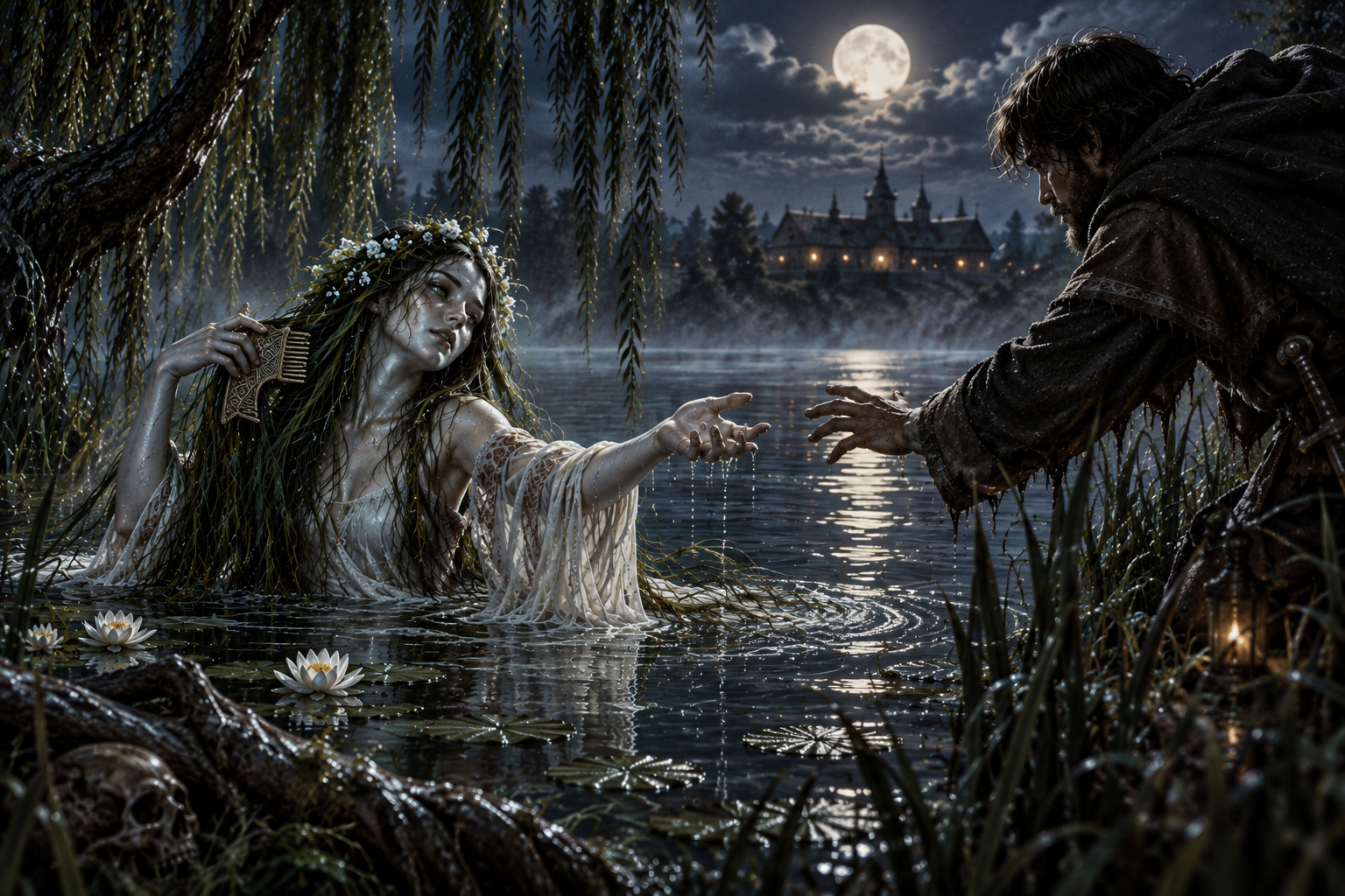 A drowned rusalka with impossibly long wet hair singing beside a moonlit Slavic river while a traveller is drawn toward the black water