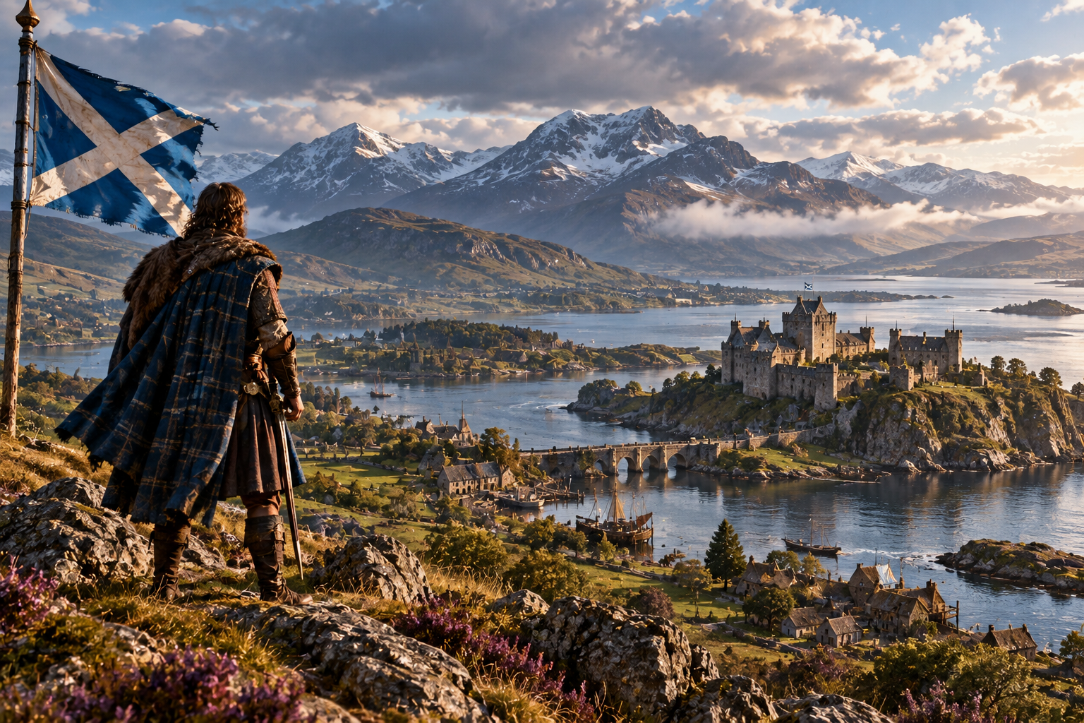 Medieval Scotland with a Highland warrior overlooking lochs, a fortified stronghold and mountain country