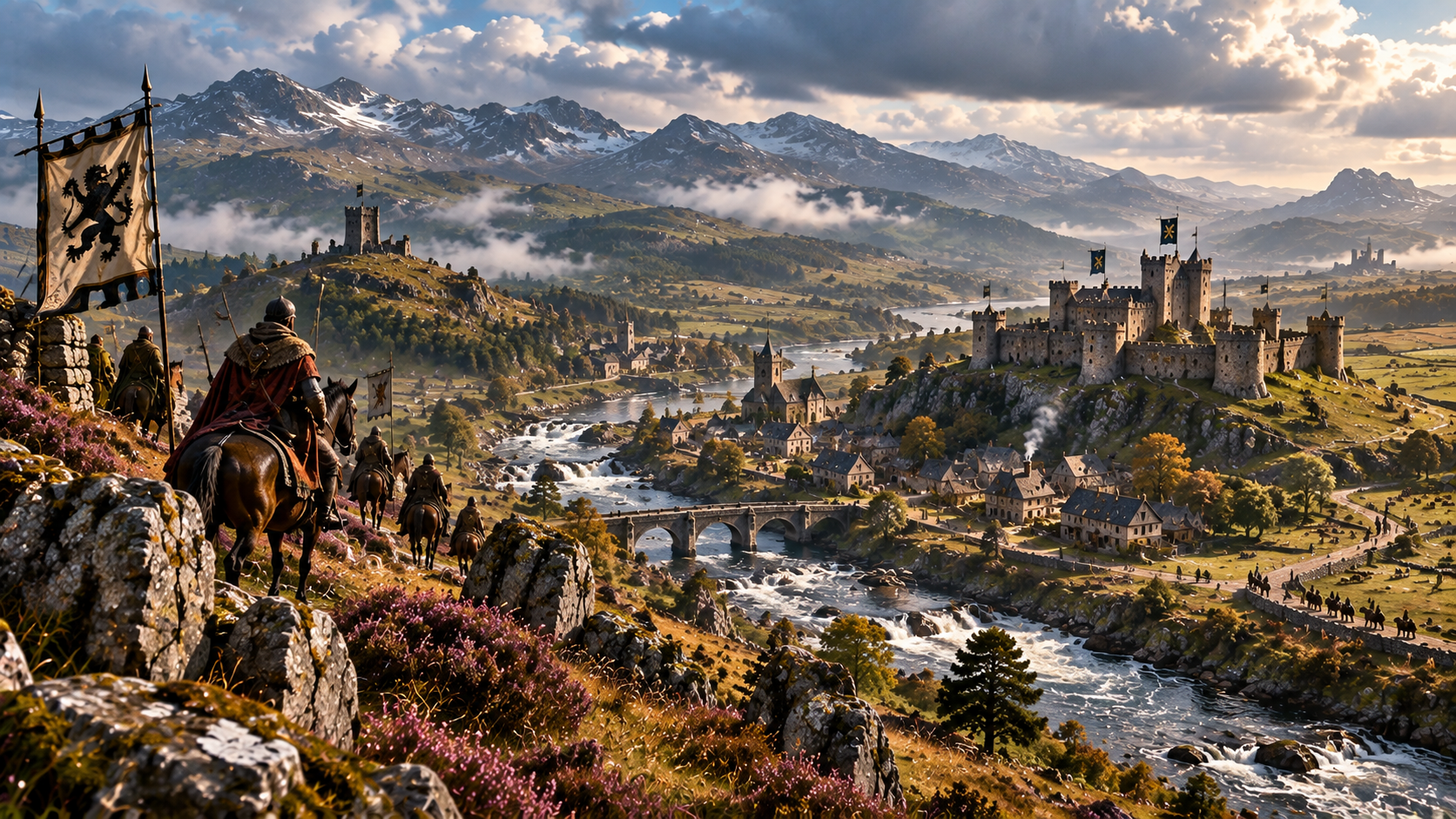 Mounted scouts overlooking the Scottish Borders, with a fortified river town, bridge, castle and hill country stretching toward the English frontier