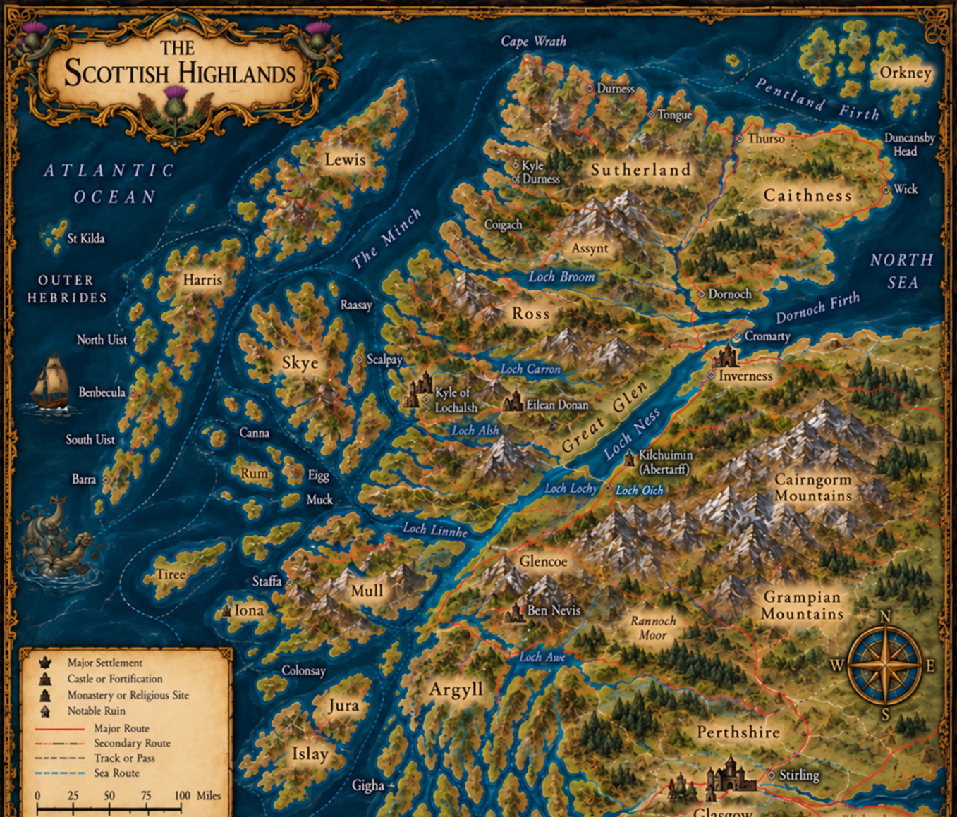 Illustrated campaign map of the Scottish Highlands, Great Glen, western isles and northern Scotland