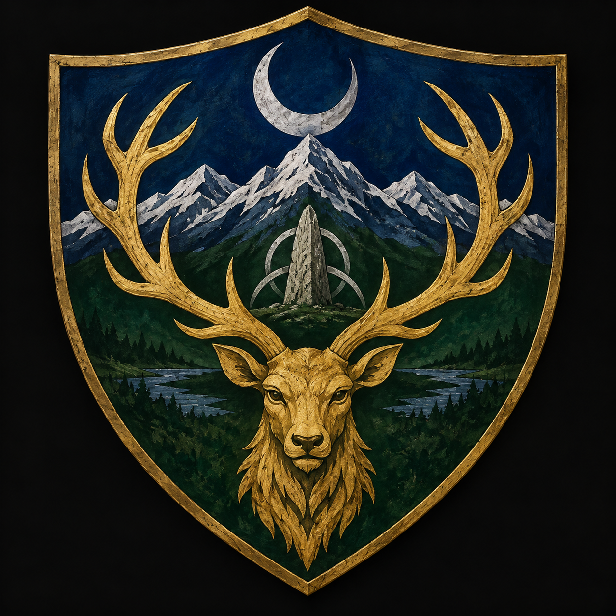 Scottish Highlands identity shield with stag, mountains, moon, standing stone and loch