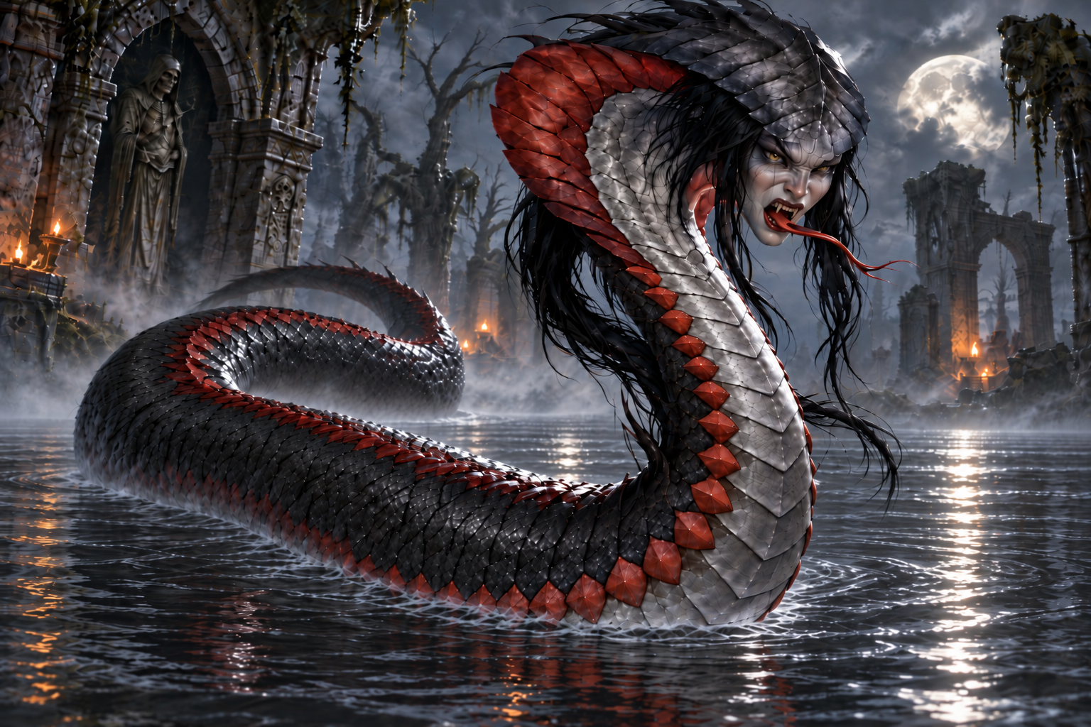 Spirit naga with a pale human-like face, tangled black hair and one continuous serpentine body coiled through a moonlit ruined marsh.