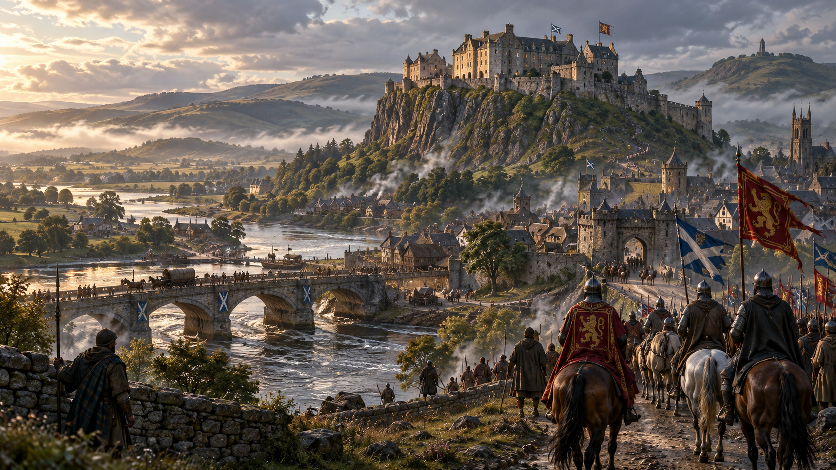 Stirling Castle above the Forth crossing, with the royal burgh, bridge, river traffic and armed retainers moving through the strategic heart of Scotland