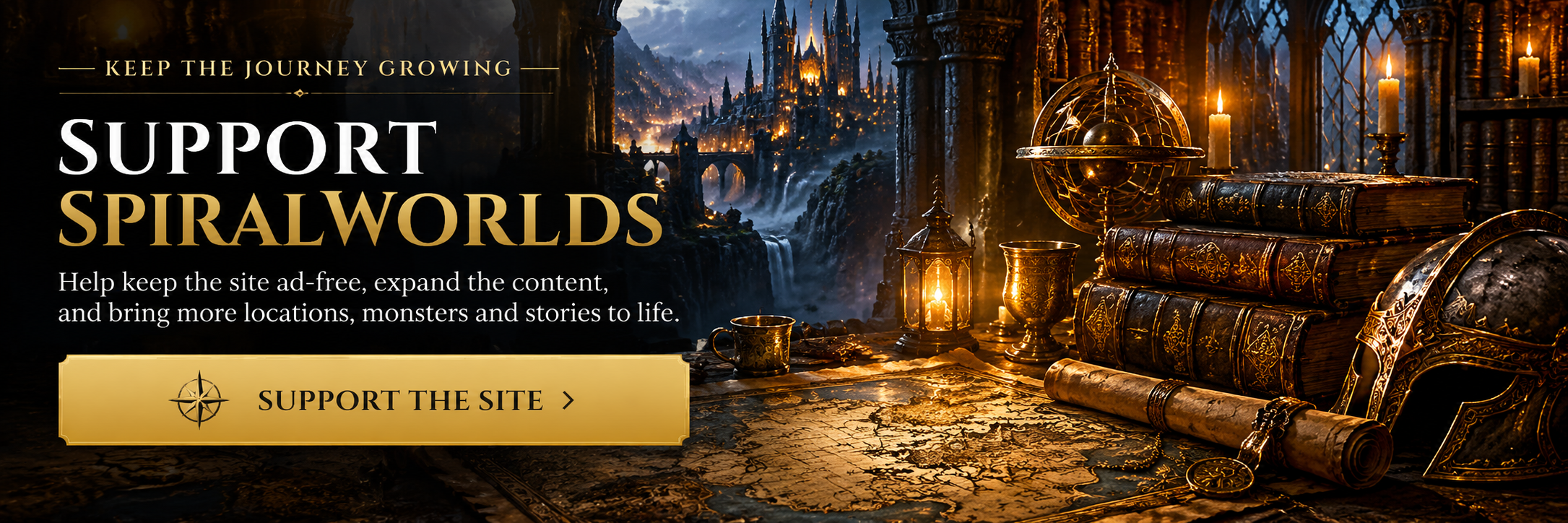 Support the site banner with books, maps, candles and a fantasy city