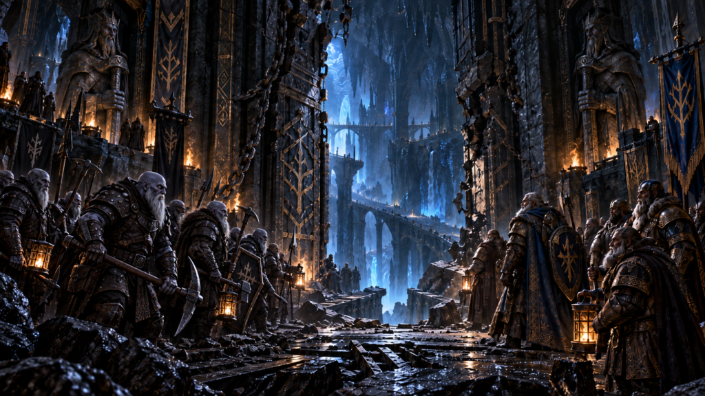 Duergar and surface dwarves confront one another at a reopened sealed road in Svartalfaheim after the Great Betrayal