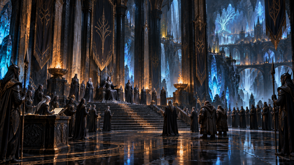 Svartalfaheim Under-Court where Svartálfar rulers, envoys, guards and dwarven delegates meet beneath the deep Fey city