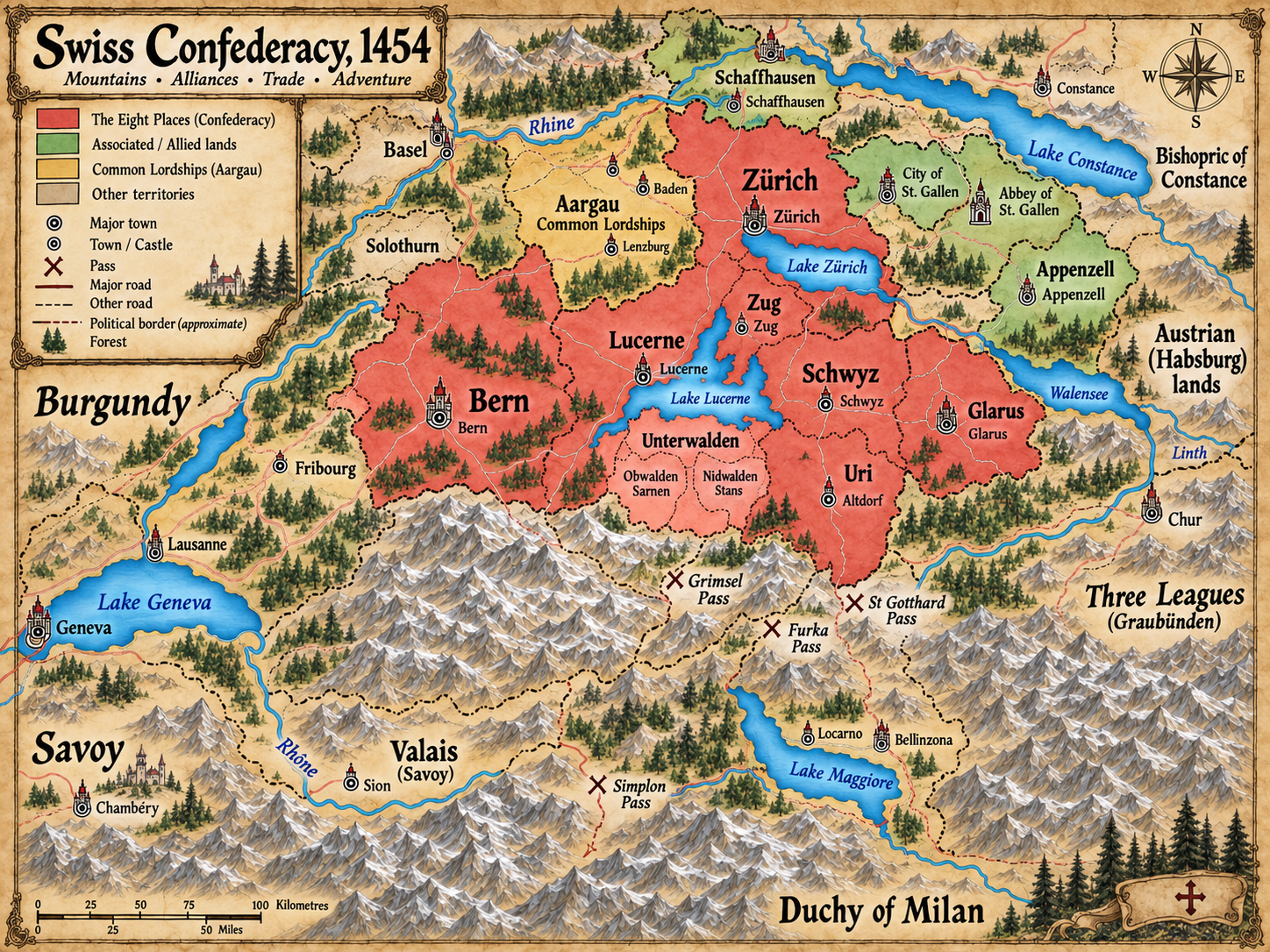 Illustrated map of the Swiss Confederacy showing the Eight Places, associated lands, surrounding powers and major Alpine routes