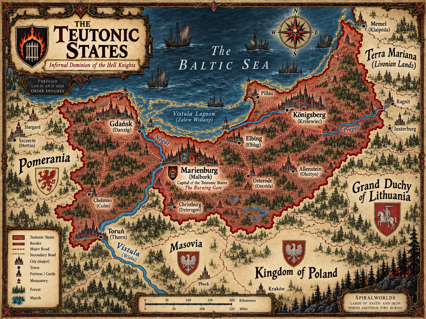 Map of the Teutonic States showing Marienburg, Gdańsk, Elbing, Toruń, Königsberg, the Vistula, Nogat, Baltic coast and neighbouring realms