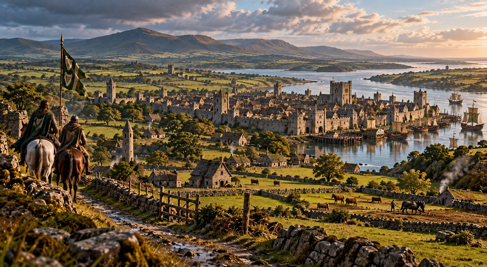 The Pale in the mid-fifteenth century, with fortified roads, walled settlements, farms and river traffic around Dublin's frontier
