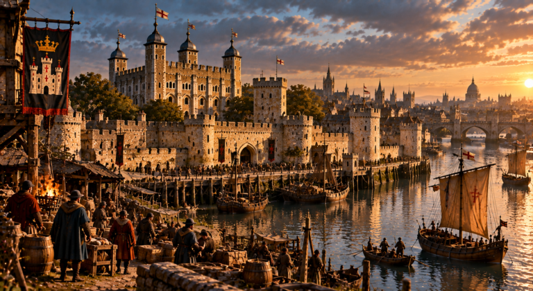 The Tower of London beside the Thames, enclosed by stone walls and towers
