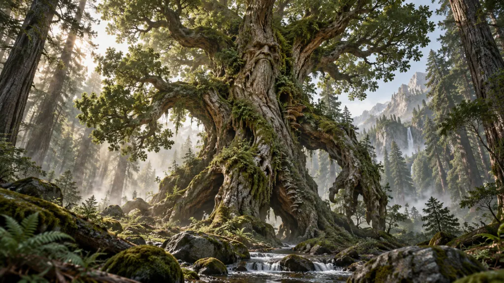 Treant ancient forest guardian awakening among colossal old trees