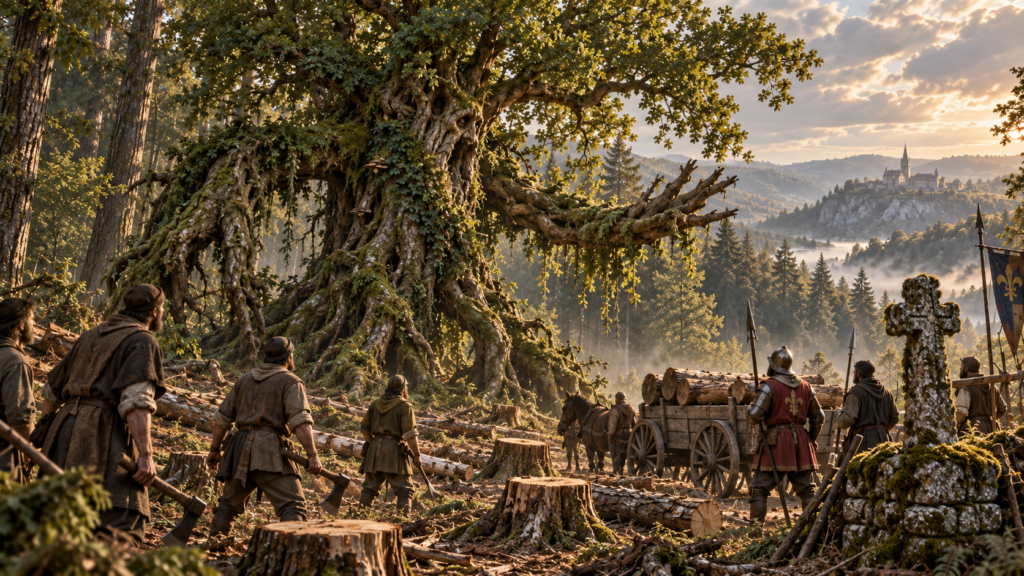 Treant confronting woodcutters and armed retainers at an ancient forest boundary