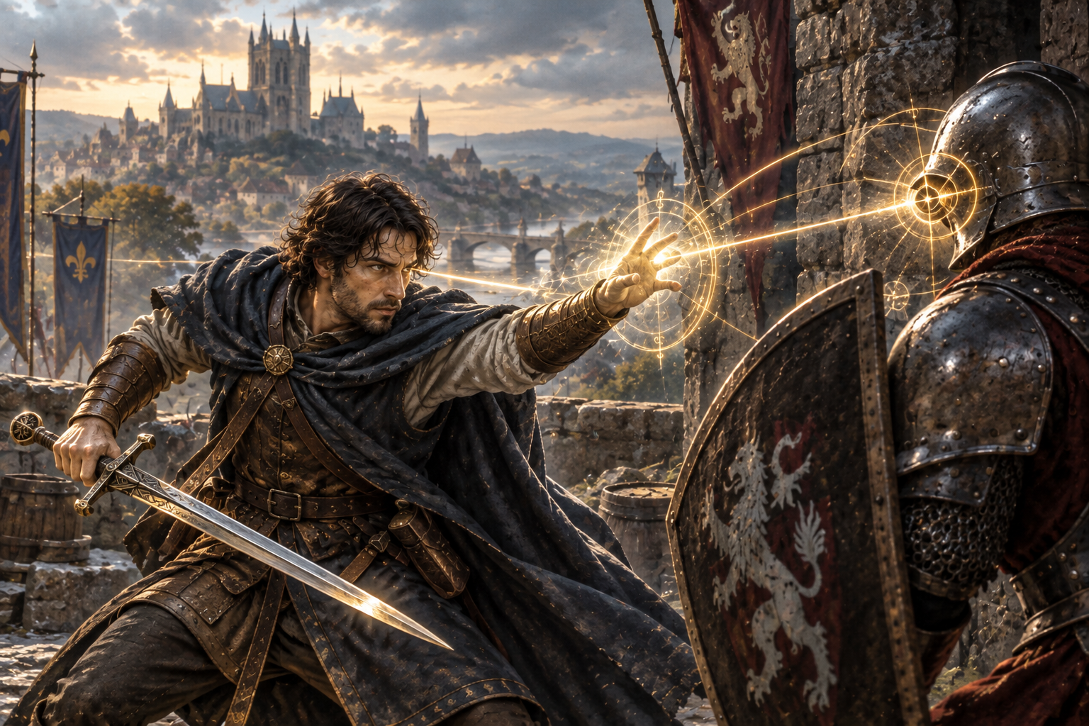 A battle mage uses True Strike to perceive the opening in an armoured opponent's defence during a castle fight