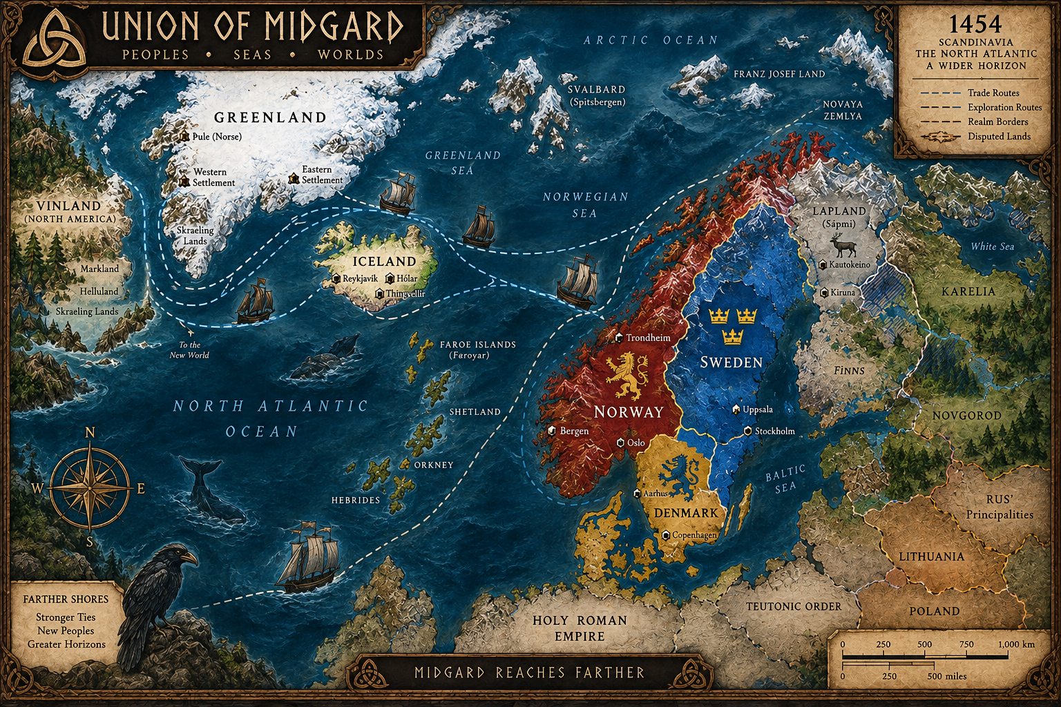 Union of Midgard campaign map showing Scandinavia, Iceland, Greenland, Vinland and the North Atlantic sea routes