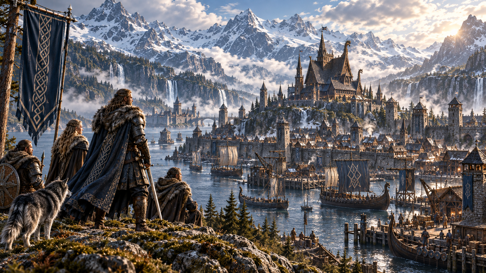 Union of Midgard, a fortified Norse fjord city surrounded by mountains, ships and warriors