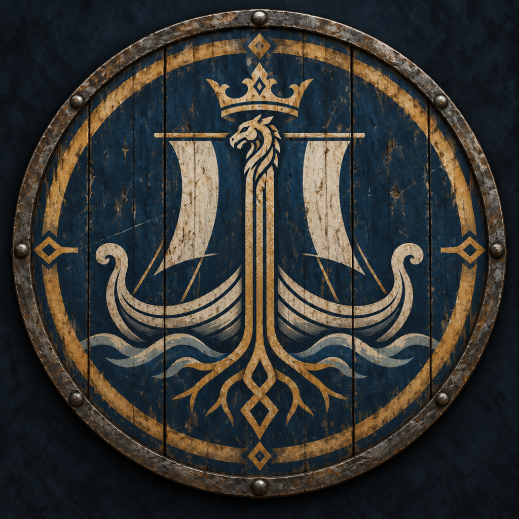 Union of Midgard heraldry painted on a Norse round shield