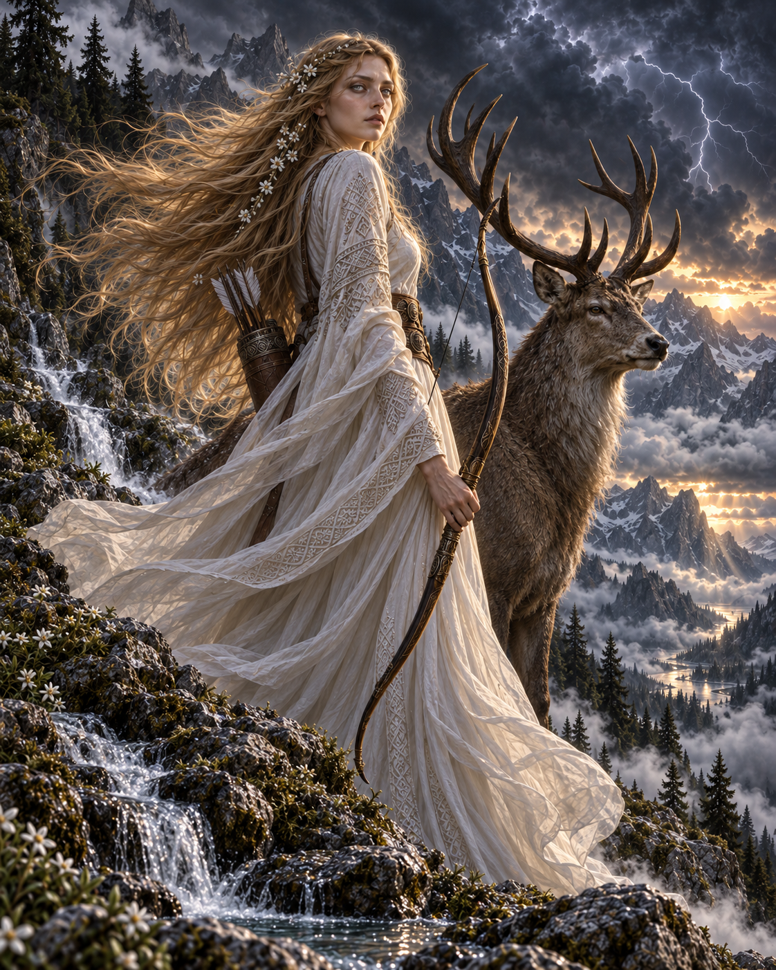 Vila, a South Slavic mountain and storm fey standing beside a stag in wild mountain country