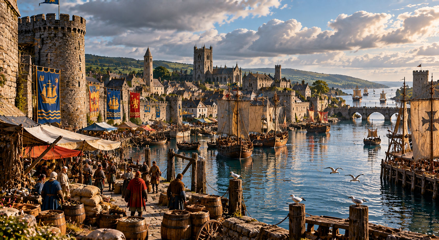 Waterford in the mid-fifteenth century, with its walled harbour, quays, ships and merchant town on the River Suir