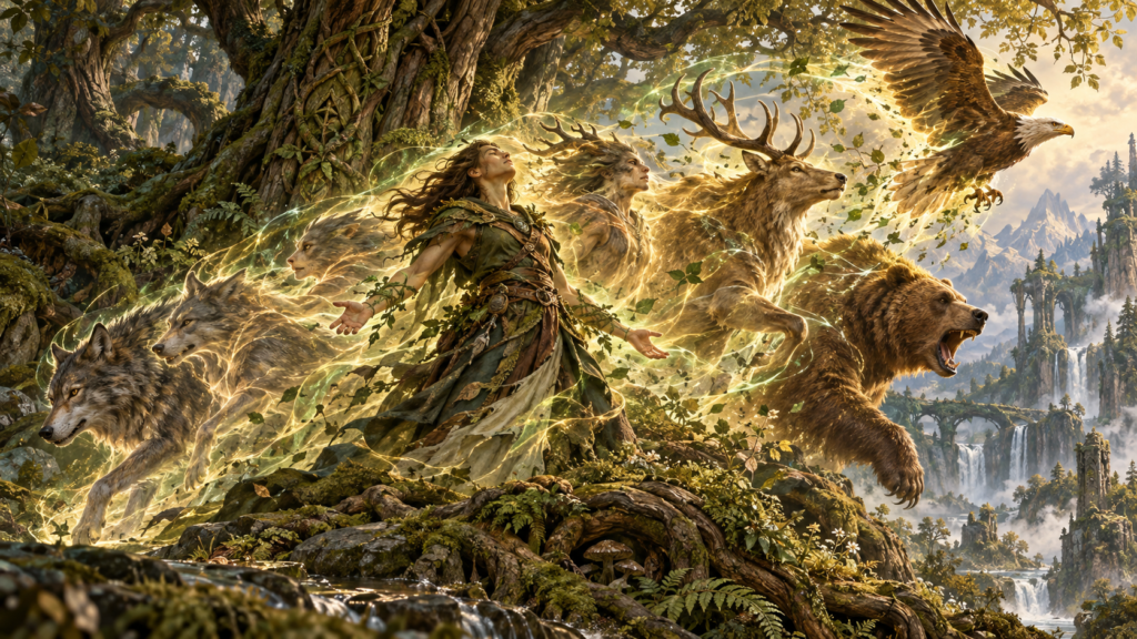 Wild Shape druid transforming through animal forms in an ancient woodland